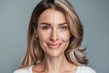 Fototapeta premium Proactive adaptation in generational contrast through skin care techniques, merging aging skincare perceptions with facial narratives and modern dynamics.