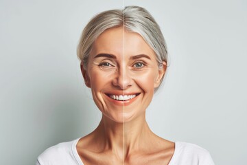 Anti aging solutions and aging repair strategies merge in half young, half old portrait dynamics, contrasting age care technology in visual narrative treatments.