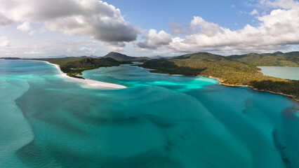 Drone shot of famous Hill Inlet, Whitsunday Islands at high tide