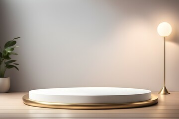 A white pedestal with a gold base sits on a wooden table