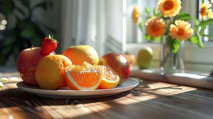 Fresh fruit in the kitchen on a wooden table by the sunny window