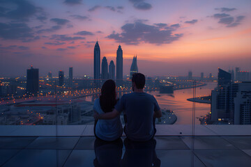 A man and a woman admire the view of Dubai from the terrace of a penthouse.