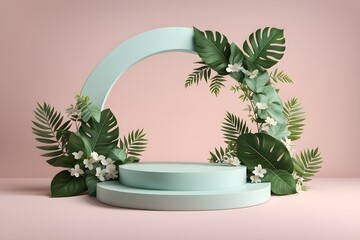 A green and white floral display with a green base and a white top