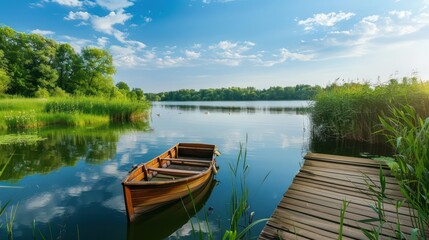 Fishing boats on a wooden pier on the river seen from above in summer