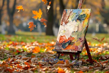 Easel and Painting Amidst Fall Leaves