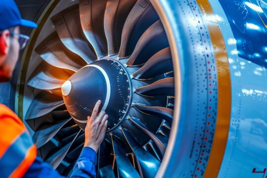 Skilled young airplane mechanic plane check engine avionics hangar industry technology experienced engineer safety scheduled maintenance transportation jet airport repair inspection replacement part