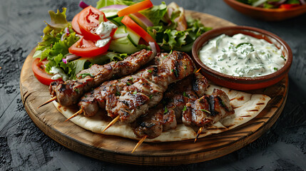 Greek souvlaki with pita bread, tzatziki sauce and salad.Copy space