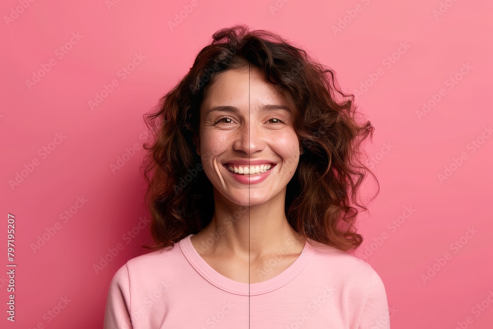 Poster aging transitions in wrinkle contrast and aging support highlighted in the split age portrait, showc