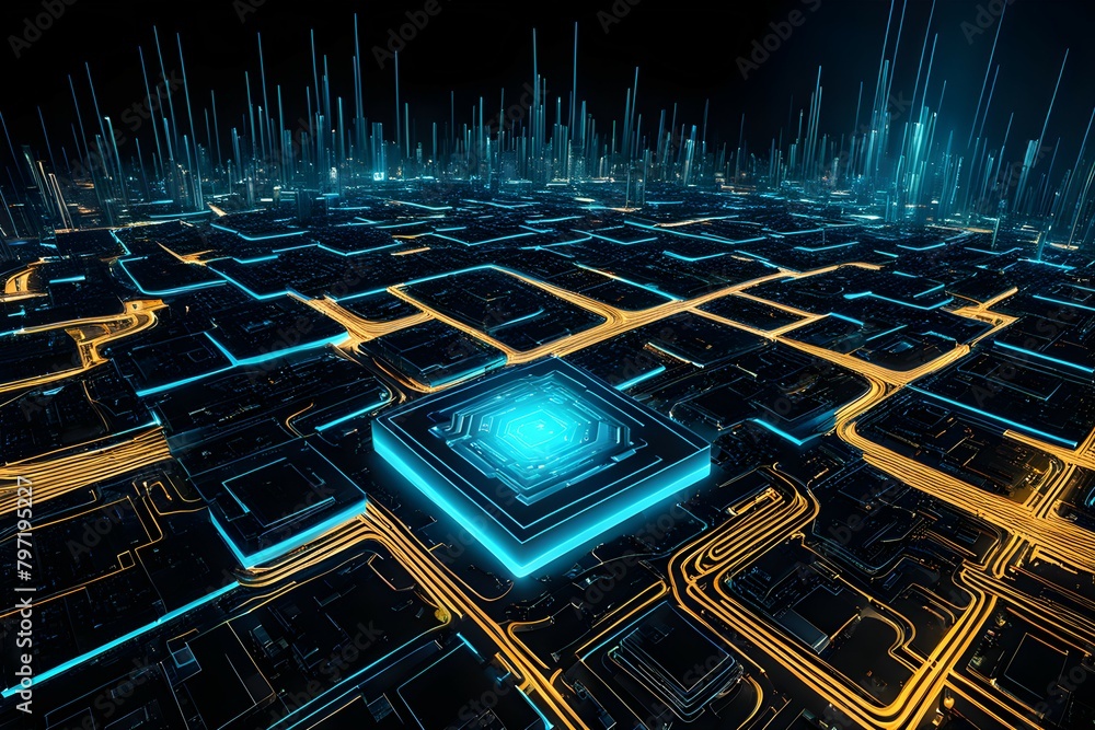 Poster a computer chip is shown in a cityscape with a blue and orange color scheme