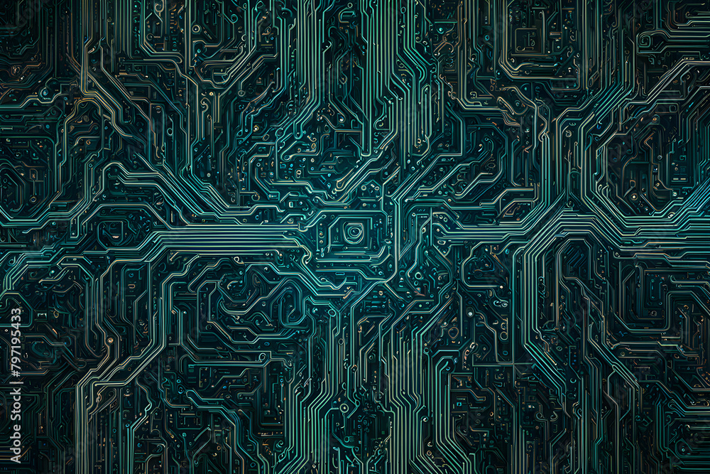 Poster a computer chip with many lines and a blue background