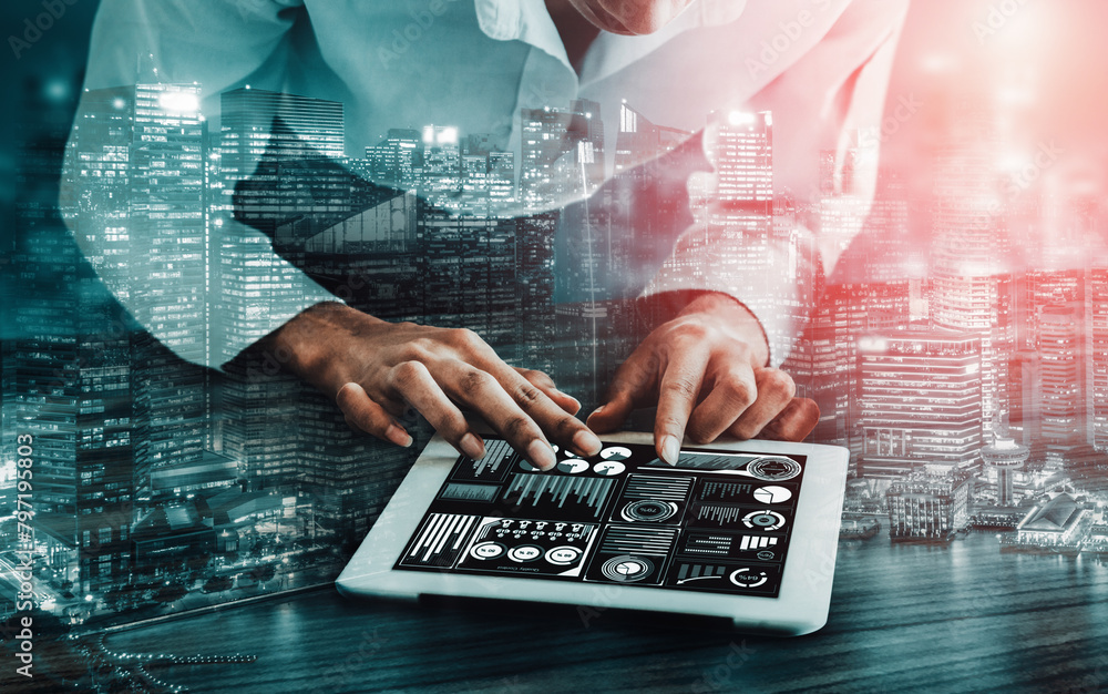 Poster data analysis for business and finance concept. interface showing future computer technology of prof
