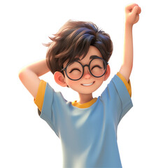 A vibrant Asian Indonesian cartoon character positioned in a bedroom setting is captured stretching his hands after waking up symbolizing a healthy lifestyle against a clean white backgroun