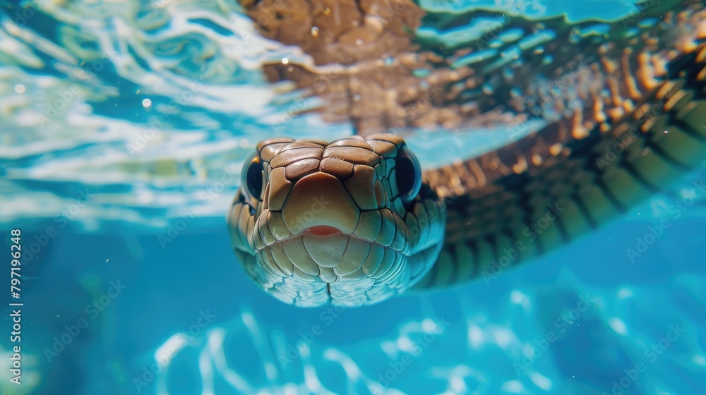 Wall mural Hilarious underwater scene cobra in pool plays deep dive action, Ai Generated.