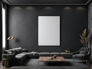  Large empty screen in a living room interior on an empty dark wall background design,3D rendering 