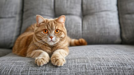 Adorable red Scottish Fold cat with orange eyes rests on a grey textile sofa at home. Ai Generated. - Powered by Adobe