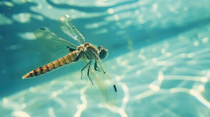 Hilarious underwater scene dragonfly in pool plays deep dive action, Ai Generated.