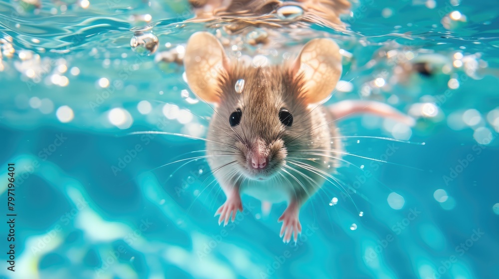Wall mural Hilarious underwater scene mouse in pool plays deep dive action, Ai Generated. - Wall murals