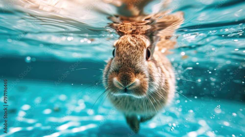 Wall mural hilarious underwater scene rabbit in pool plays deep dive action, ai generated.