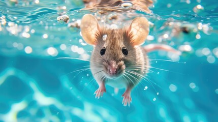 Hilarious underwater scene mouse in pool plays deep dive action, Ai Generated.