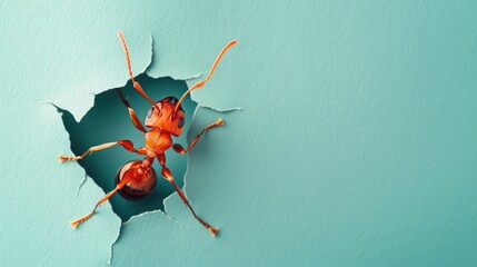 A humorous ant peers through a ripped hole in a contrast pastel color paper background, Ai Generated