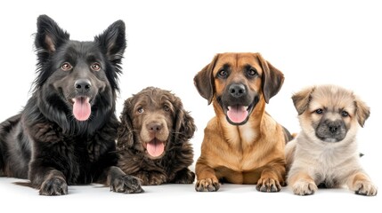 Fototapeta premium Adorable group of pets sit together in front of a white background. Ai Generated.