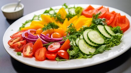 A colorful display of a healthy fresh vegetable salad with homemade dressing, served on a white plate, emphasizing the bright green hues