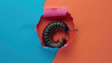 A humorous millipede peers through a ripped hole in a contrast pastel color paper background, Ai...