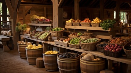 A cozy farm shop scene with baskets of fresh produce, emphasizing natural, earthy tones and the rustic charm of rural life