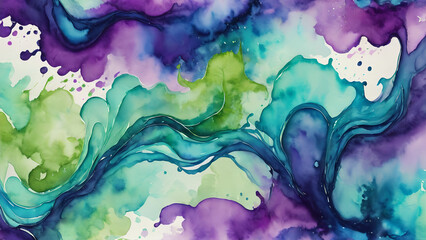 Watercolor Illustration Liquid Purple Blue and Soft Green Abstract Painting Background