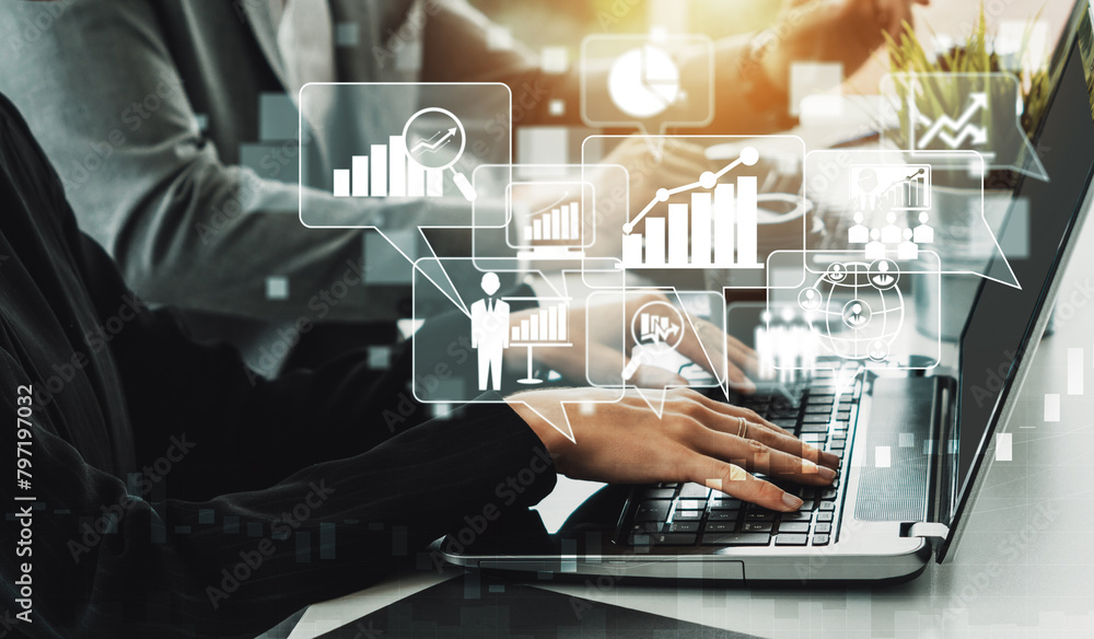 Poster data analysis for business and finance concept. interface showing future computer technology of prof