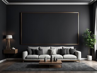 Large empty screen in a living room interior on an empty dark wall background design,3D rendering 