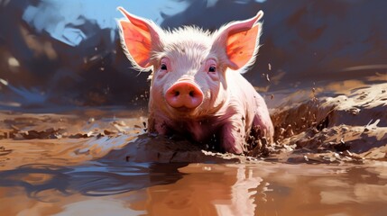  A contented piglet rolling around in a mud puddle, its pink skin glistening in the sunlight as it squeals with delight - obrazy, fototapety, plakaty