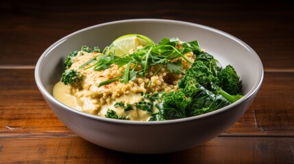 A nourishing bowl of Thaiinspired quinoa and rich green kale, mixed with coconut milk and lemongrass, representing a fusion of Thai and American tastes