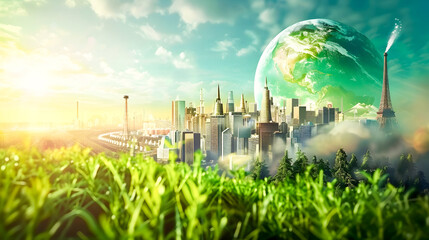 Green Earth Planet with Futuristic City in the Style of Environmental Activism