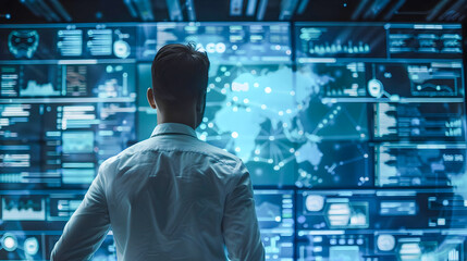 Businessman Viewing Data Visualization on Large Screens in Modern Office