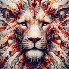 A detailed and vibrant artwork of a lion's face.

