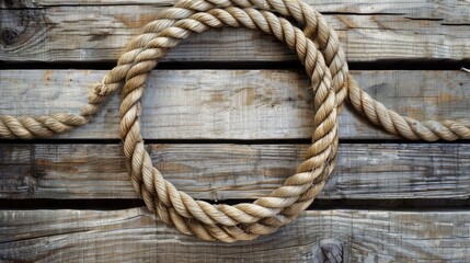 Nautical background featuring a rope shaped as a circle on a wood backdrop. Ai Generated.