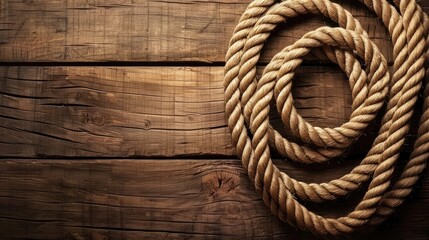 Obraz premium Nautical background featuring a rope shaped as a circle on a wood backdrop. Ai Generated.