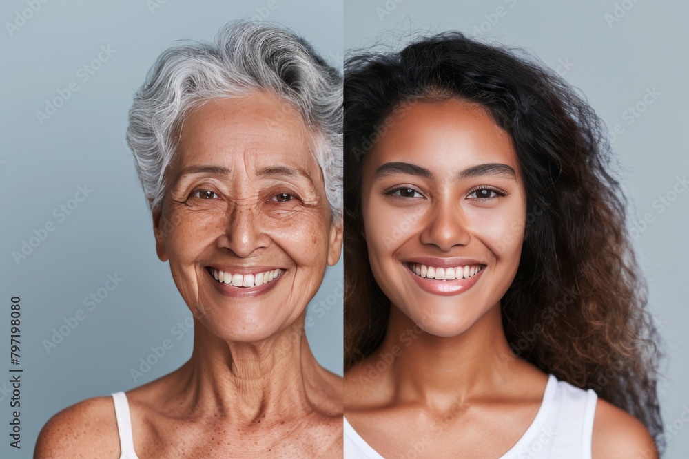 Poster Aging composite and realistic features depicted through skin barrier enhancement, integrating bone diabetes and face age spots reduction with detailed texture in aging transitions.