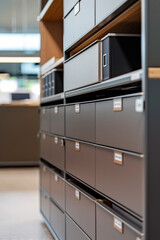 Closeup of a sleek, modern office cabinet stands against a wall, its clean lines and minimalist design exuding professionalism. 