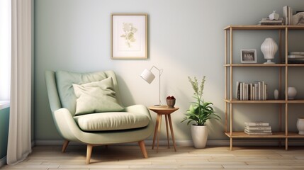 A cozy reading nook bathed in soft mint green hues, with a plush beige armchair invitingly positioned beside a blank canvas on the wall