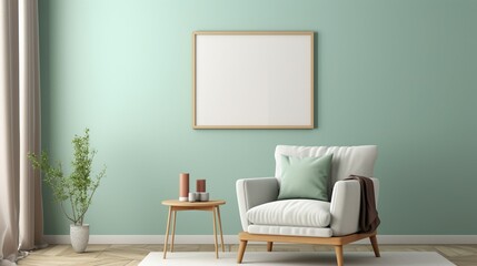 A cozy reading nook bathed in soft mint green hues, with a plush beige armchair invitingly positioned beside a blank canvas on the wall