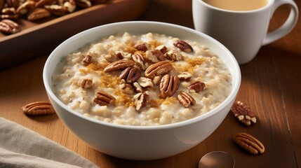 A warm bowl of glutenfree oatmeal prepared with almond milk, topped with toasted walnuts and brown sugar, making for a nutritious, warm brown breakfast