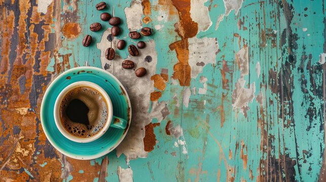 Espresso coffee cup surrounded by beans on a vintage table, inviting a cozy moment. Ai Generated.