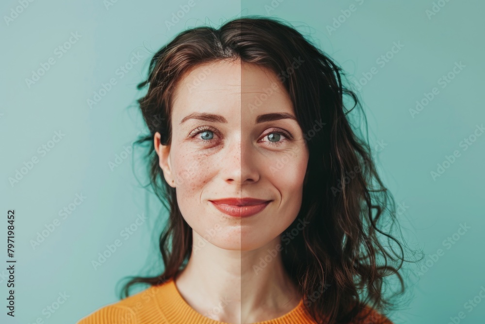 Poster skin aging and two-part face depicted through aging essentials transitions, integrating skin stage c