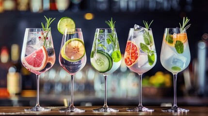 Three colorful gin tonic cocktails served in glasses on a bar counter at a pub or restaurant, ready...