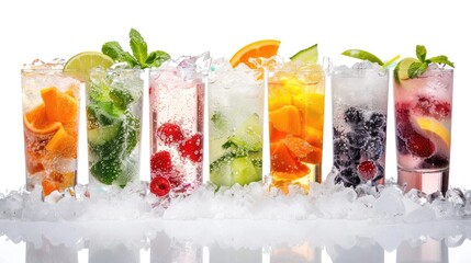 Assortment of various beverages served in crushed ice, creating a refreshing and visually appealing display. Ai Generated.
