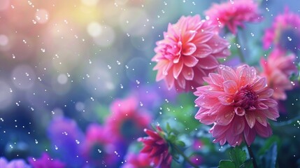 Dahlia flowers adorned with raindrops glistening in a garden, capturing nature's elegance. Ai Generated.