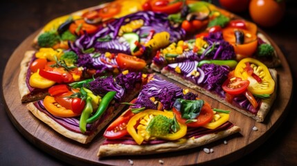 An appetizing and colorful vegan pizza with a rainbow of vegetable toppings, presenting an artistic and vibrant culinary creation