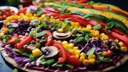 An appetizing and colorful vegan pizza with a rainbow of vegetable toppings, presenting an artistic and vibrant culinary creation